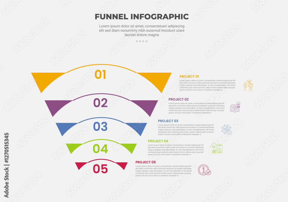 Aufkleber funnel base shape infographic outline style with 5 point template with reverse funnel with round lin