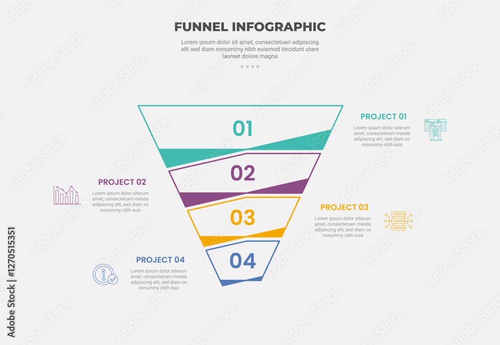 Aufkleber funnel base shape infographic outline style with 4 point template with outline reverse pyramid with 