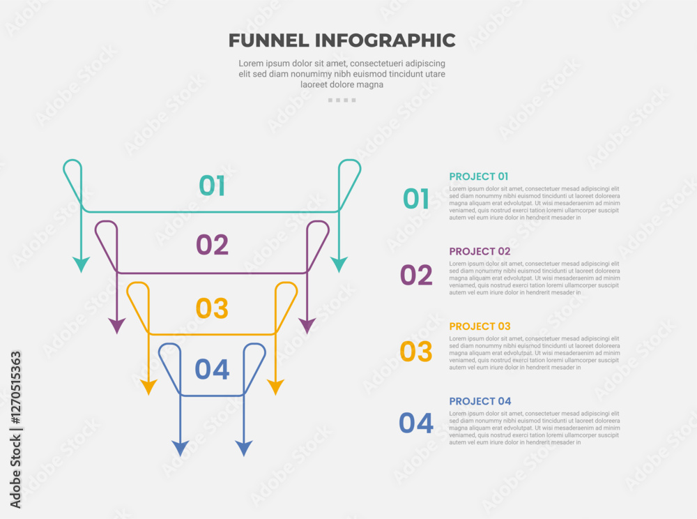 Aufkleber funnel base shape infographic outline style with 4 point template with reverse pyramid outline with 
