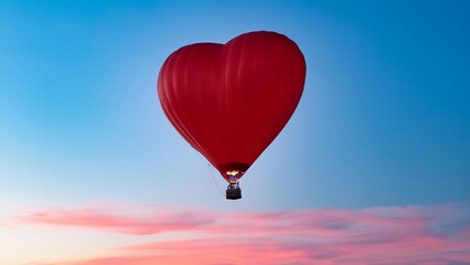 Fototapeta premium Beautiful heart shape air balloon against blue and pink pastel sky in a sunny bright morning. Foggy mountains in the background. Romantic trip on Valentine's Day. Sport and recreation travel theme