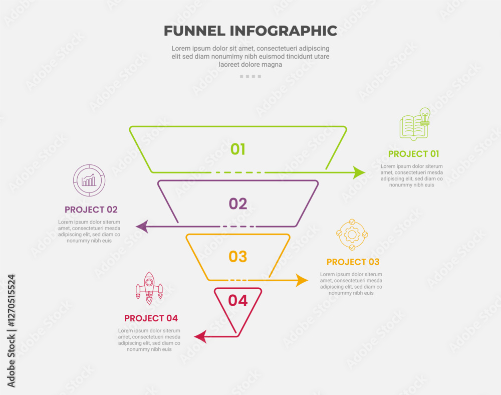 Poster funnel base shape infographic outline style with 4 point template with arrow line opposite direction