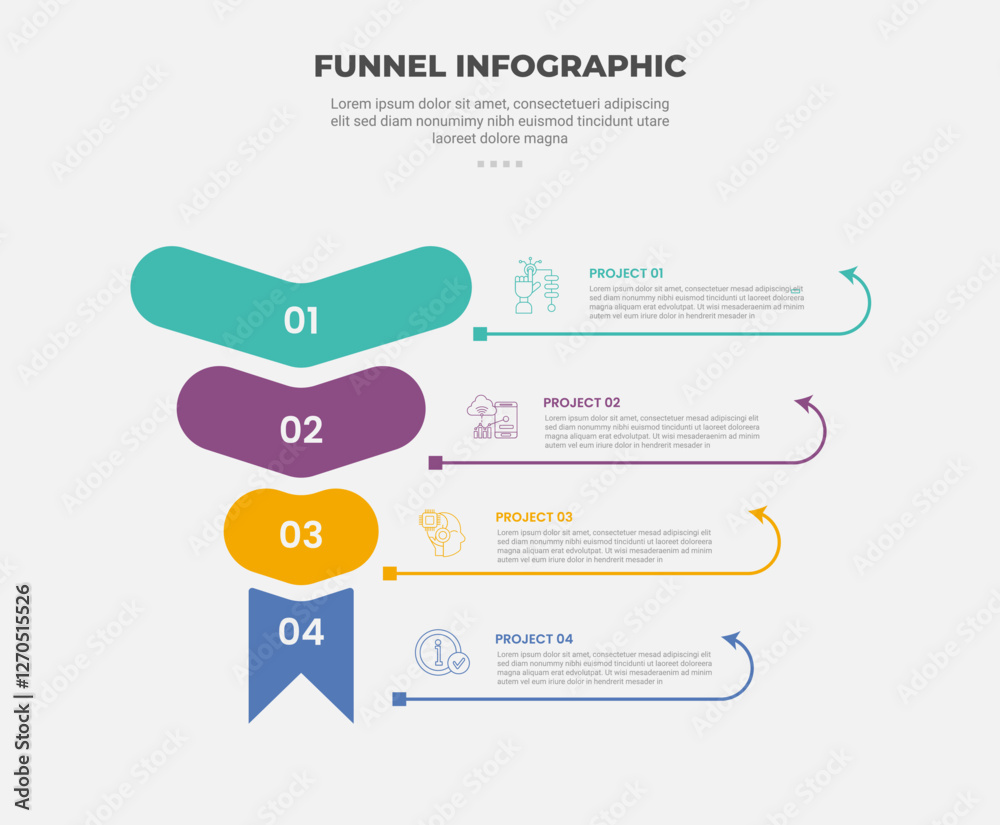 Aufkleber funnel base shape infographic outline style with 4 point template with round shape reverse with line