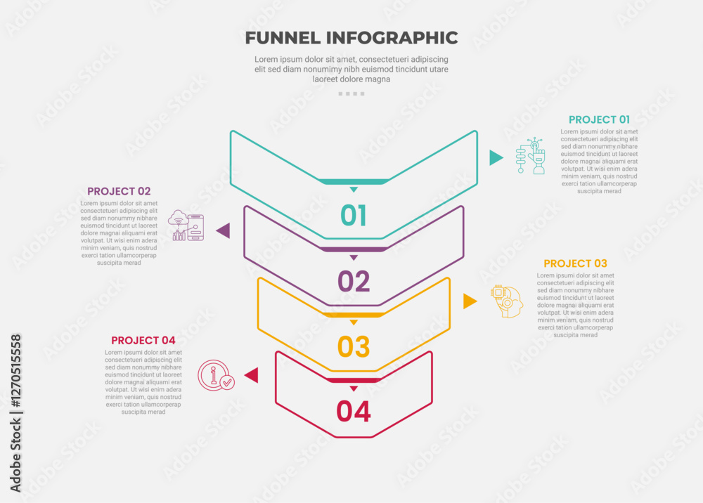 Aufkleber funnel base shape infographic outline style with 4 point template with rigid structure and small arr