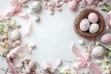Soft pastel Easter backgrounds with eggs, flowers, and empty space. AI generated image