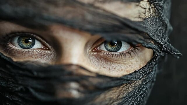 Intense Gaze, Woman's Eyes Behind Mysterious Dark Fabric
