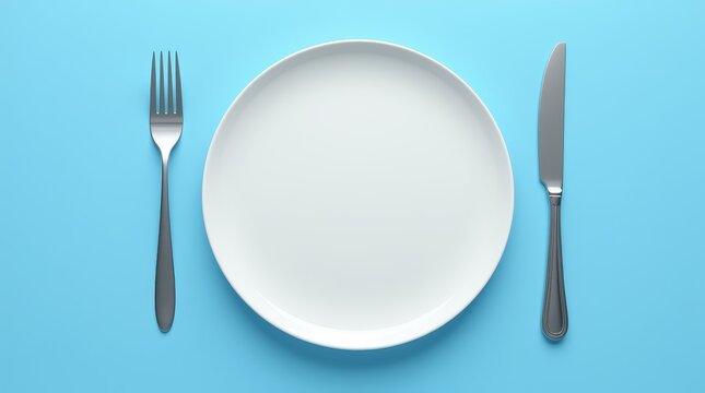 Empty white plate with fork and knife on blue background. Minimalist table setting, dining, restaurant, food preparation, and meal concept