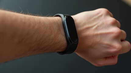 Smart fitness tracker with blank black screen on wrist, close-up shot with dark blurred background, modern wearable technology