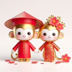Fototapeta premium A cute 3Drendered golden couple monkey wears a traditional red Vietnamese Ao Dai and a conical hat. It's a festive image perfect for wedding or Lunar New Year celebrations, white background
