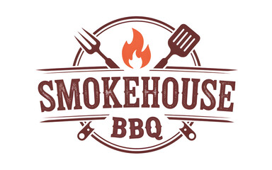 Smokehouse BBQ logo with stylized flame and grilling tools in circular design