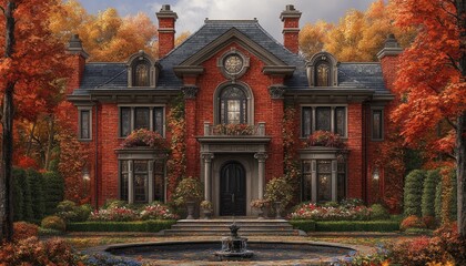 Grand brick mansion in autumn setting, surrounded by colorful foliage and a fountain. Ideal for real estate, luxury, and seasonal themes.