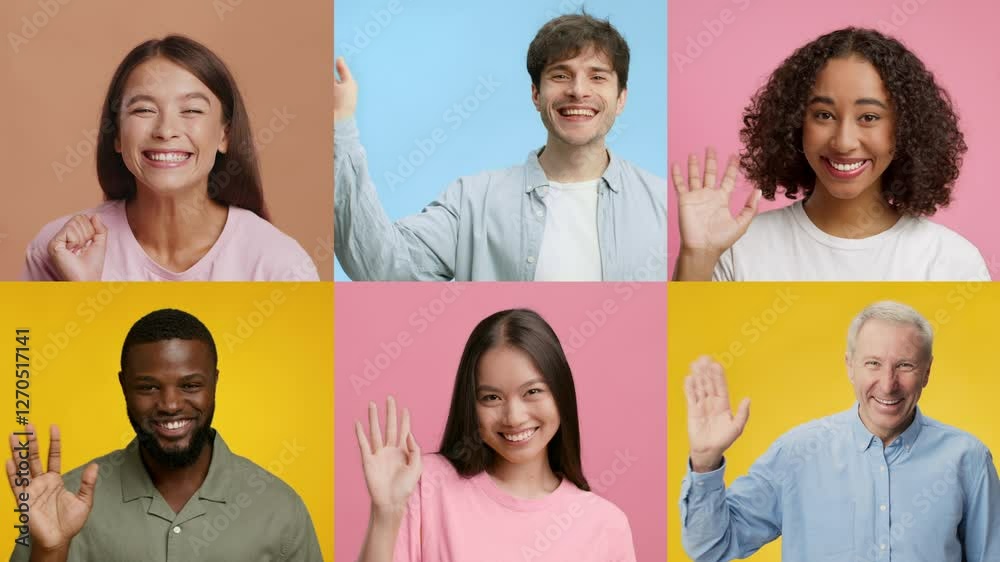 Poster a collage displays six individuals of varying backgrounds and ages, all smiling and waving their han