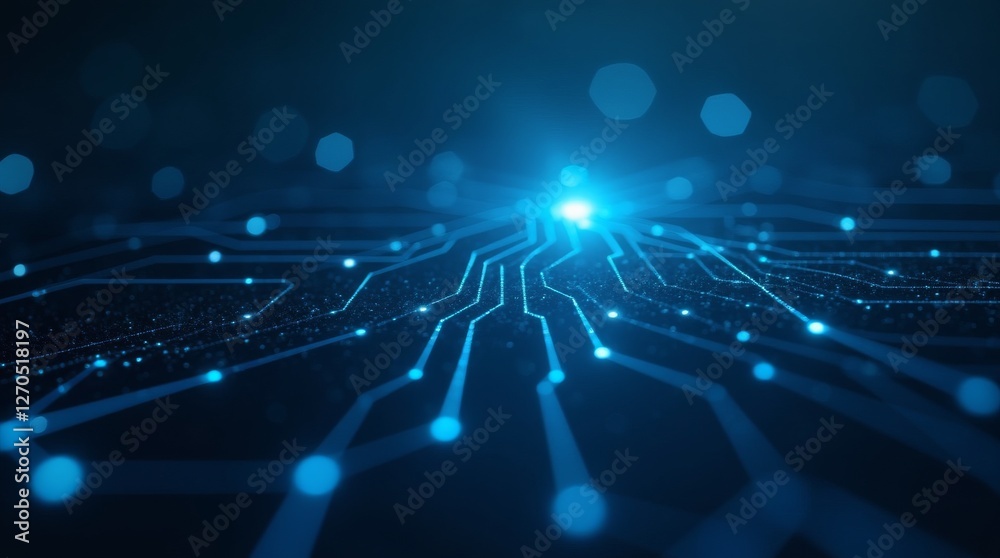 Poster Futuristic circuit board with glowing blue lines and digital connections. Abstract technology, computing, and data communication concept