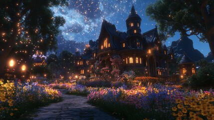 Obraz premium Enchanting night scene of a fairytale house nestled in a vibrant garden with glowing lanterns.