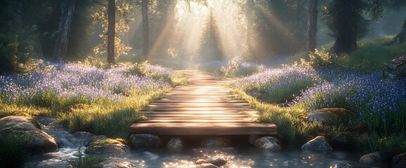 Sunlit Wooden Path Through Spring Forest with Flowers