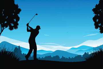 Silhouette of a golfer executing a powerful golf swing against a majestic mountain backdrop at sunset.