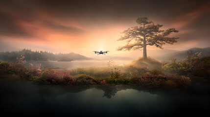 Obraz premium A drone gracefully flies above a serene lake surrounded by a misty, picturesque landscape at sunrise.