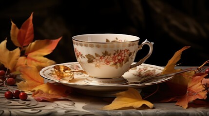 charming tea cup and leaves