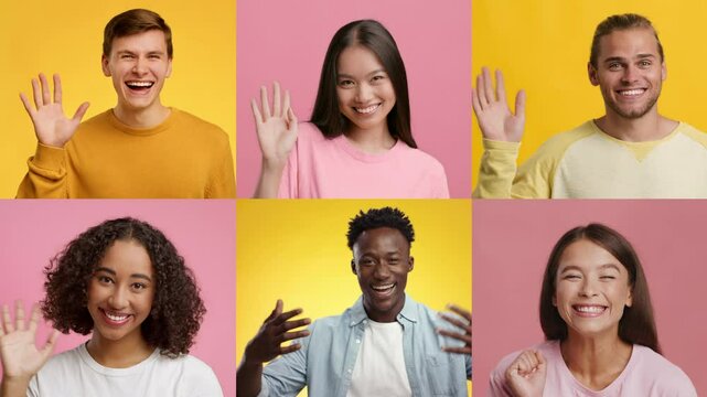 A joyful collection of six individuals from diverse backgrounds happily greeting with raised hands. Each person expresses warm emotions against vibrant pink and yellow backgrounds.