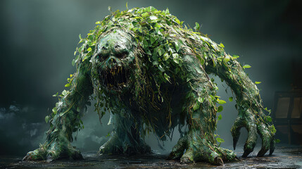 A grotesque, plant-covered creature with sharp claws and a gaping maw, set against a dark, moody background.