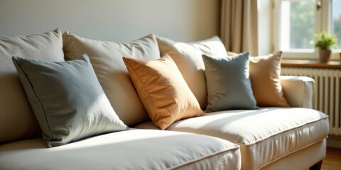 Sunlight illuminates a plush, cream-colored sofa adorned with a collection of soft, textured throw pillows in a calming palette