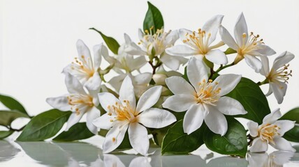 Obraz premium A serene image of jasmine flowers gently floating in the air, set against a clean white background. This peaceful scene highlights the delicate beauty and fragrance of jasmine blossoms.