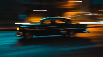 Fototapeta premium Silhouette of old vintage car in dark foggy toned background with glowing lights in low light. Selective focus