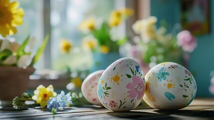 Fototapeta premium Easter eggs with flowers on table