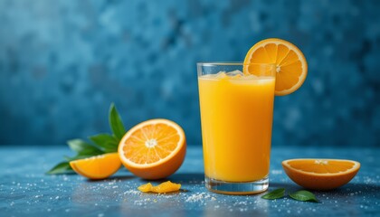Glass of fresh orange juice with ripe oranges on a blue background