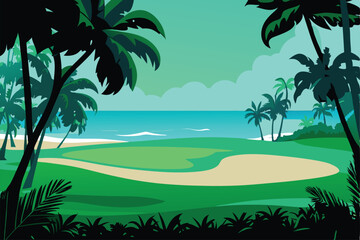 Lush tropical golf course; vibrant greens, palm trees swaying gently, sunny skies, luxury resort feel.