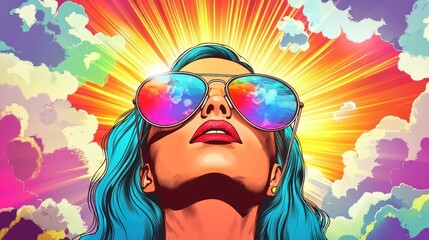 Woman, sunglasses, sky, colorful, clouds, art, vibrant, poster, illustration, design