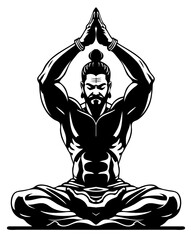 Silhouette Design of Muscular Body Builder Man Doing Yoga Prayer with his both hands, Indian Saint, Body Builder, Muscular, Man, Gesture, Yoga, Exercise, Healthy Man, Editable Vector Design 