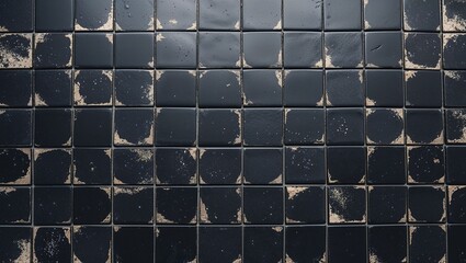 a grid pattern with square tiles, each tile being uniformly sized. The tiles are predominantly black with a slightly weathered appearance