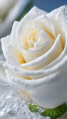 Fototapeta premium Close-up of white rose with water droplets on petals, delicate flower macro shot, romantic floral background for design