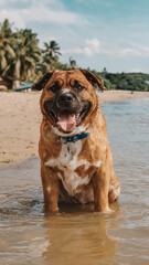 Obraz premium Happy brown dog sitting in shallow water at tropical beach with palm trees under a sunny sky