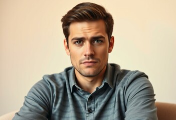 Obraz premium Photorealistic natural light portrait of a 25-year-old male with a nervous expression