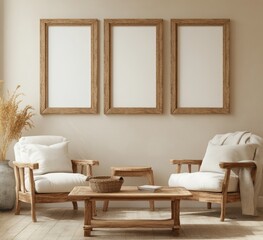 Wooden frames mockup, living room, beige walls, calm interior, design