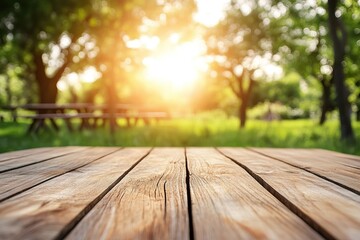 Sunny park picnic table, nature backdrop