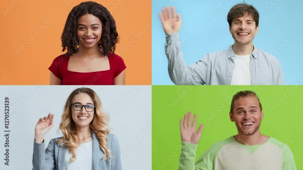 Poster multiracial individuals express a warm greeting by waving their hands. this lively collection showca