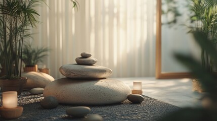 A serene meditation space with calming colors and natural elements like stones and plants