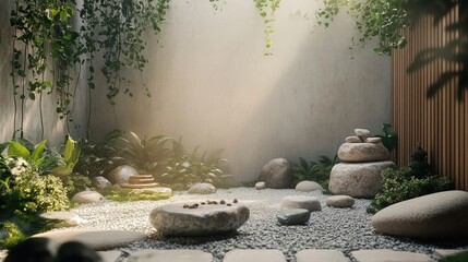A serene meditation space with calming colors and natural elements like stones and plants