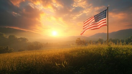 A serene scene with an American flag flying over a grassy meadow under a glowing sunset