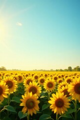 Fototapeta premium Vibrant Yellow Sunflowers Blooming in a Vast Field Under a Clear Sky