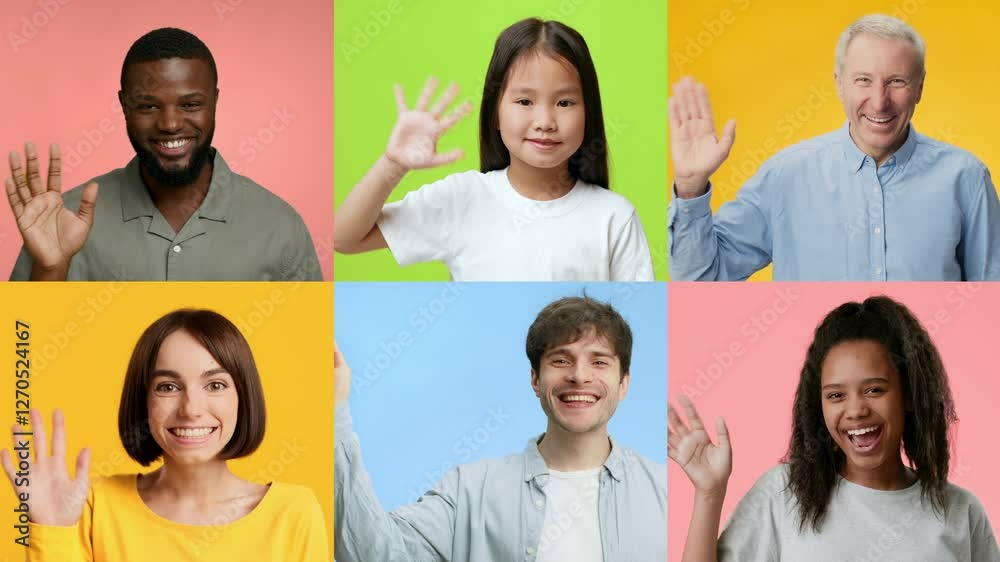 Poster a group of diverse individuals from various backgrounds joyfully greets the viewer by waving their h