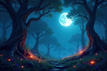 Ancient trees, glowing flora, and unseen creatures haunt a moonlit forest , folktale, plants