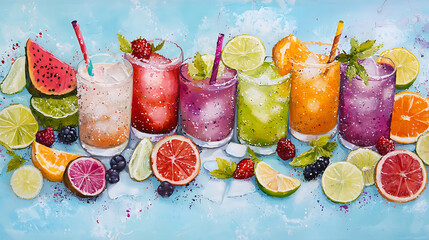 Refreshing cocktails in vibrant colors with fruits and mint leaves