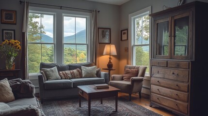 Fototapeta premium Corner of stylish living room with gray and dark wooden walls, comfortable sofa and armchairs, dark wooden dresser and vertical mirror. Windows with mountain view. 3d rendering