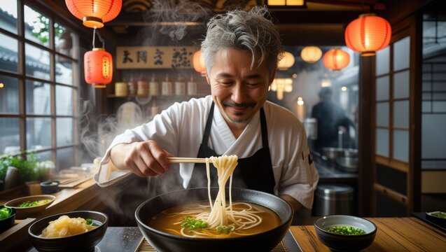 A chef prepares Tonkotsu ramen in a cozy Japanese shop with warm lighting and rich aromas.
