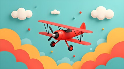 Children's fun paper art plane travels around the sky