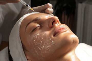 Cosmetic injection procedure - close-up of woman receiving facial botox treatment in beauty clinic. Skincare, rejuvenation and aesthetic medicine concept.