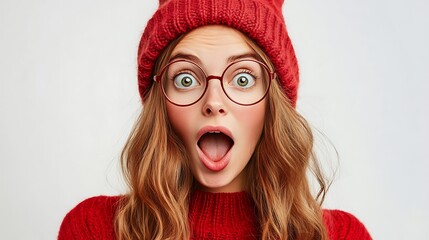 Amazed young woman in red knit hat and sweater with glasses.